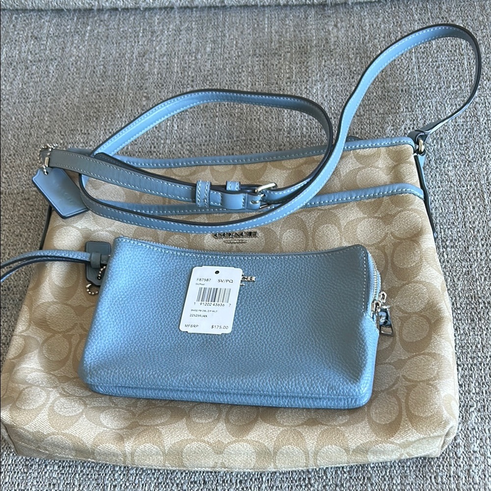 Coach Cream and Blue Crossbody Bag and wrist wallet